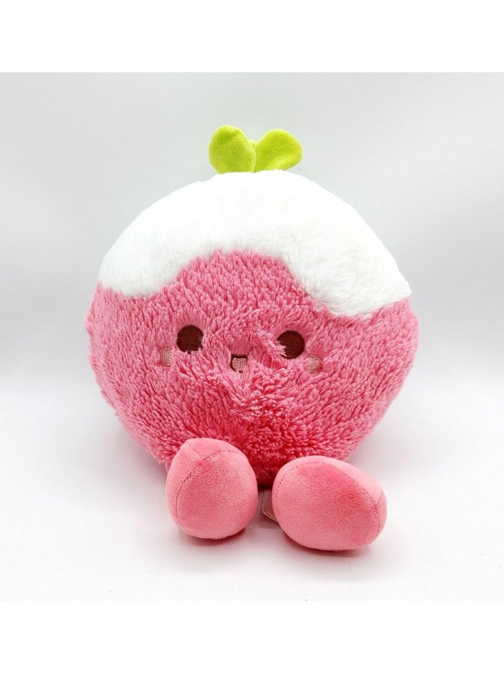 Miniso Plush Pink & White Strawberry Fruit W/Green Leaf 8.3" Stuffed Animal Toy